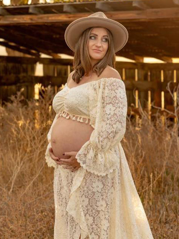 Momsmood Boho Lace Off Shoulder Lace Tassel Crop 2-in-1 Side Slit Ruffle Photoshoot Maternity Maxi Dress