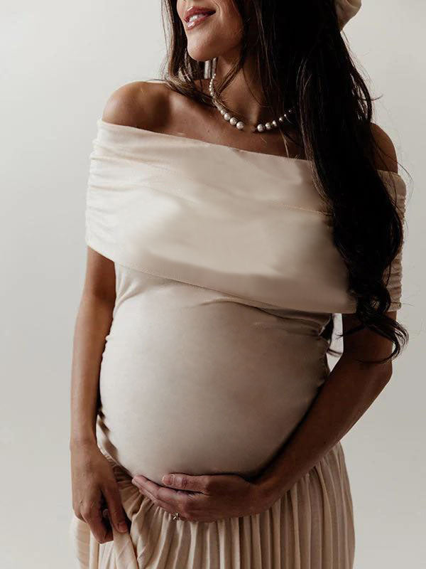 Apricot Off Shoulder Drop Waist Maternity Maxi Dress