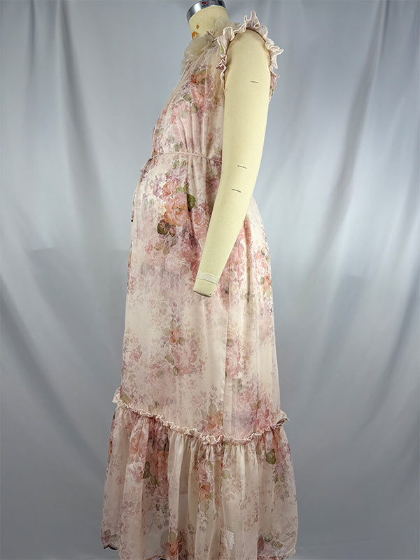Apricot Floral Ruffle 3D Flowers Tie Flowy Photoshoot Maternity Maxi Dress