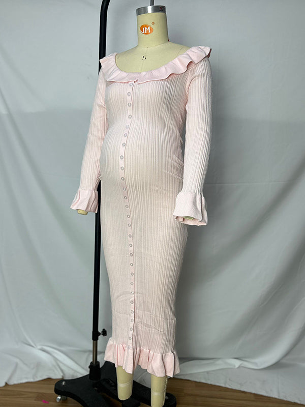 Momsmood Pink Knit Falbala Ruffle Hem Single Breasted Flare Sleeve Bodycon Elegant Hoing Out Maternity Babyshower Maxi Sweater Dress