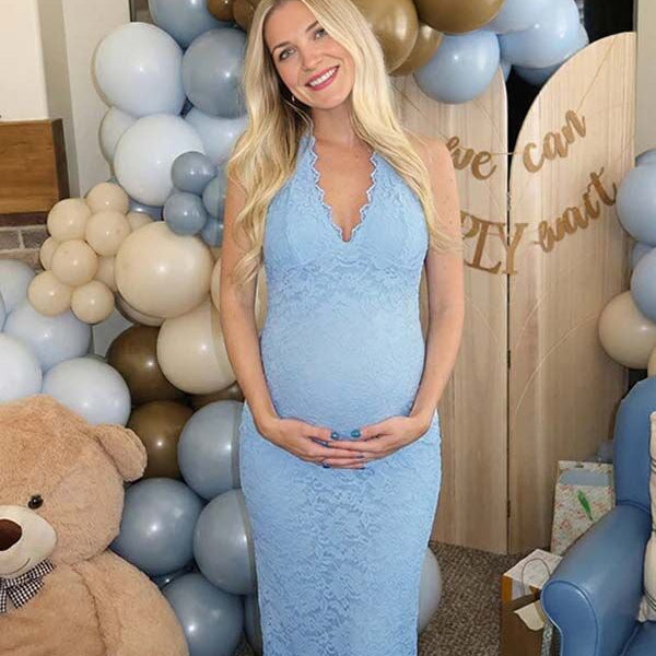 Lace Ruffle Hem Backless Slit Bodycon Maternity Maxi Dress