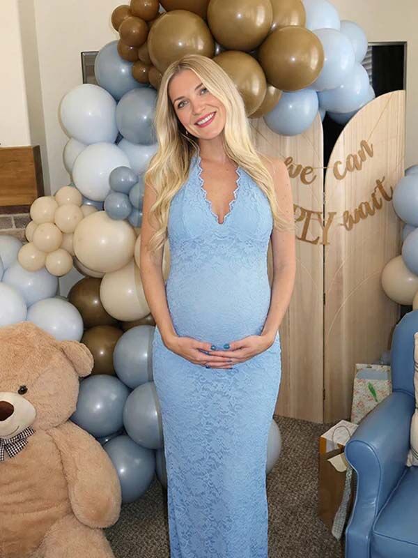 Lace Ruffle Hem Backless Slit Bodycon Maternity Maxi Dress