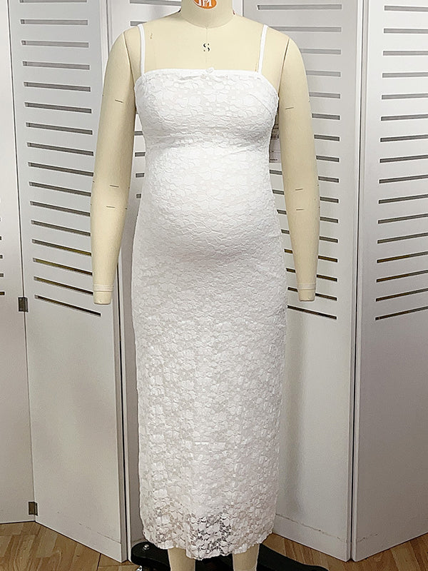 Momsmood White Lace Bow Mermaid Bodycon Elegant Photoshoot Baby Shower Maternity Maxi Dress