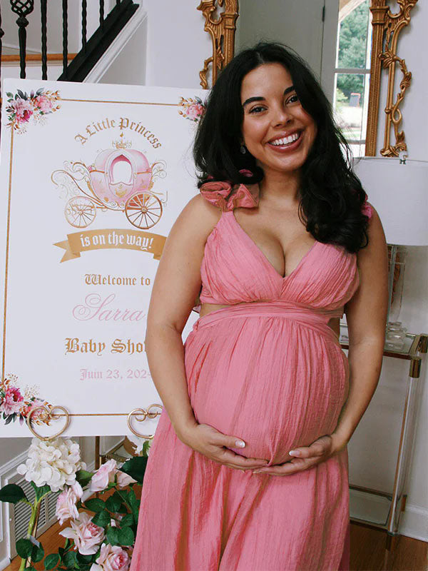 Momsmood Pink Tulle Splicing Ruffle Pleated Tie Back V-Neck High Waist Cocktail Party Gowns Cute Baby Shower Maternity Maxi Dress