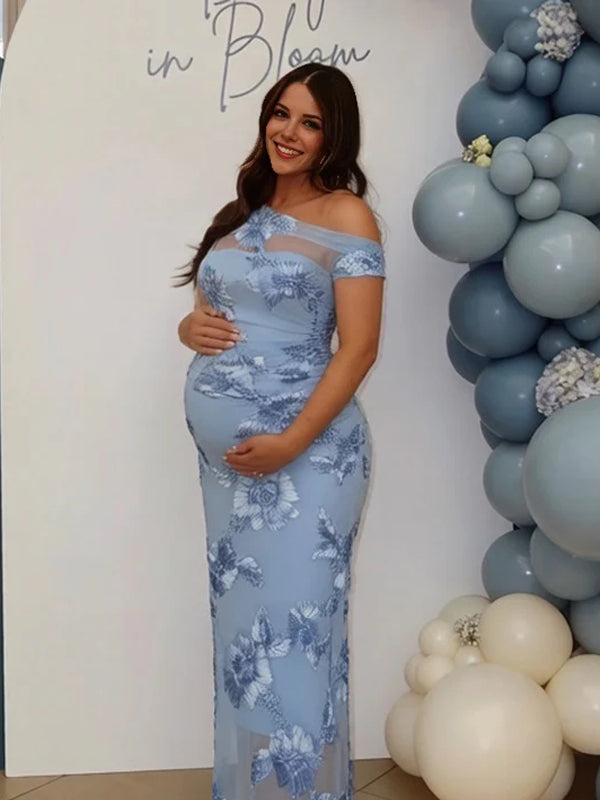 Blue Bodycon One Shoulder Mesh Floral Embroidery Maternity Maxi Dress