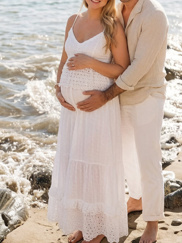 White Spaghetti Strap Bohemian Lace Backless Two Piece Maternity Maxi Dress