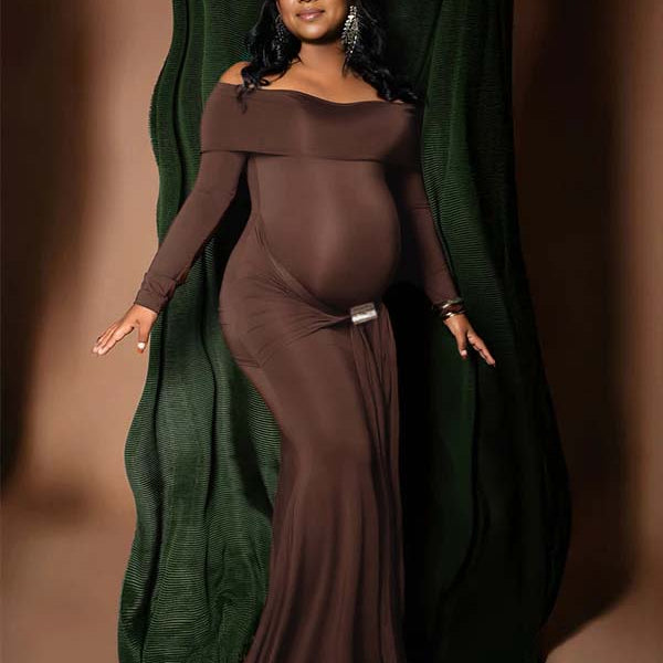 Momsmood Off Shoulder Draped Ruched Metal Buckle Bodycon Elegant Maternity Photoshoot Maxi Dress