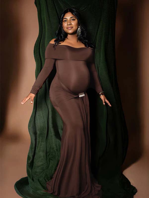 Momsmood Off Shoulder Draped Ruched Metal Buckle Bodycon Elegant Maternity Photoshoot Maxi Dress