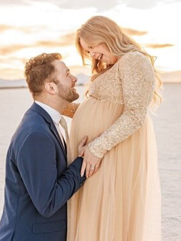 Momsmood Champion Sequin Tulle Splicing Long Sleeve Party Gown Photoshoot Maternity Baby Shower Maxi Dress