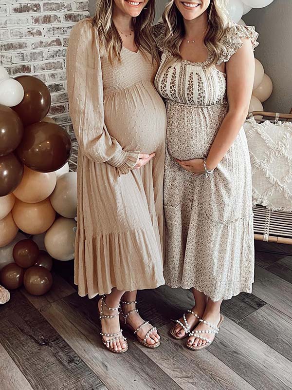 Momsmood Apricot Smocked Flouncy V neck Daily Going out Baby Shower Maternity Photoshoot Midi Dress