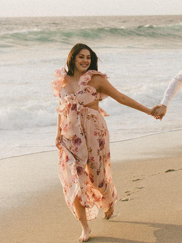 Momsmood Pink Stamp Duty Cross Chest Open Back Vacation Beach Maternity Photoshoot Maxi Dress