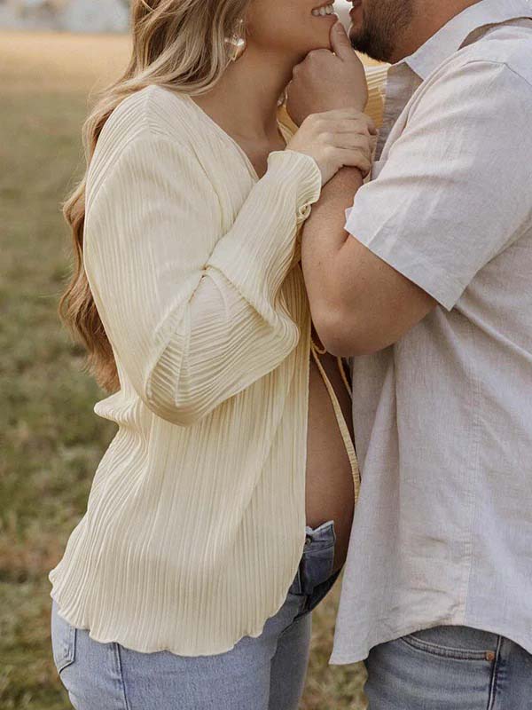 Momsmood Beige lace-up Flare Sleeve Modern Fashion Maternity Photoshoot Blouse