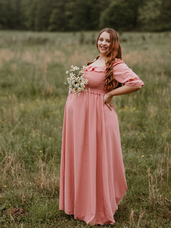 Momsmood Maternity Pink Ruffle Smocked Off Shoulder Boat Neck Baby Shower Photoshoot Maxi Dress