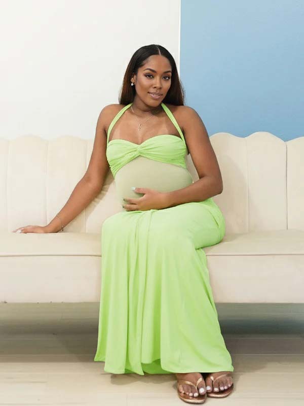 Momsmood Ruched Mesh Draped Halter Neck Backless Maternity Maxi Dress