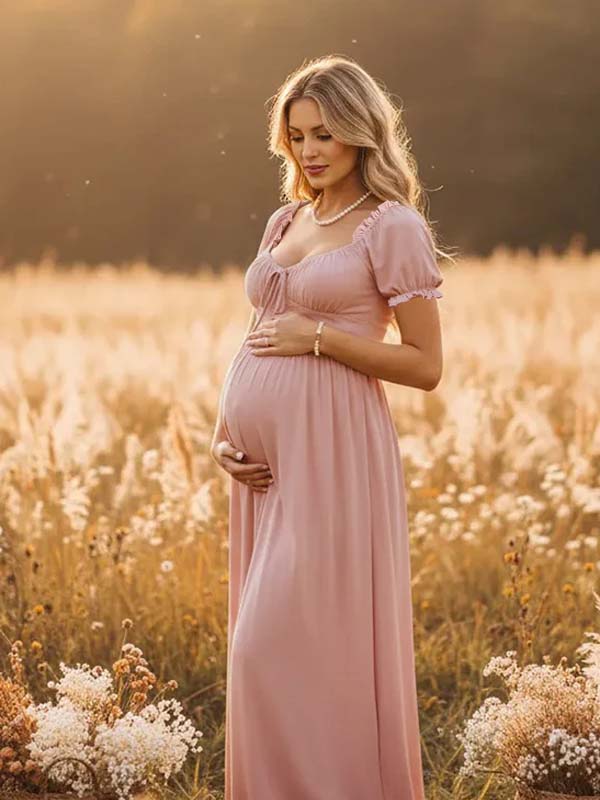 Momsmood Ruffle Ruched Lace-Up Big Swing Boho Maternity Maxi Dress