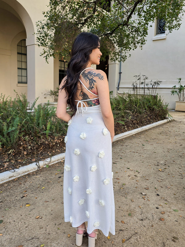 Momsmood White Halter Neck Backless 3D Flowers Crochet Mermaid Bodycon Elegant Baby Shower Maternity Maxi Dress