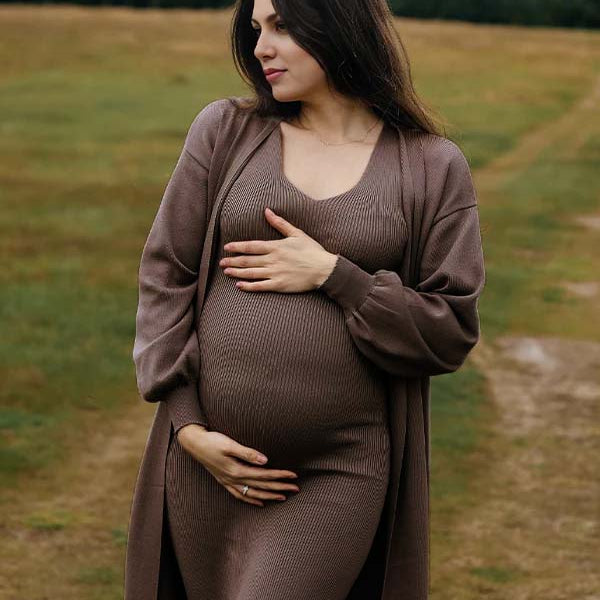 Momsmood Dark Brown 2 Pieces Knit Baby Shower Maternity Maxi Sweater Dress