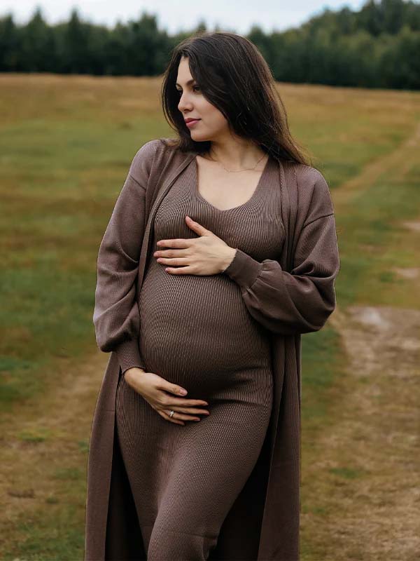 Momsmood Dark Brown 2 Pieces Knit Baby Shower Maternity Maxi Sweater Dress