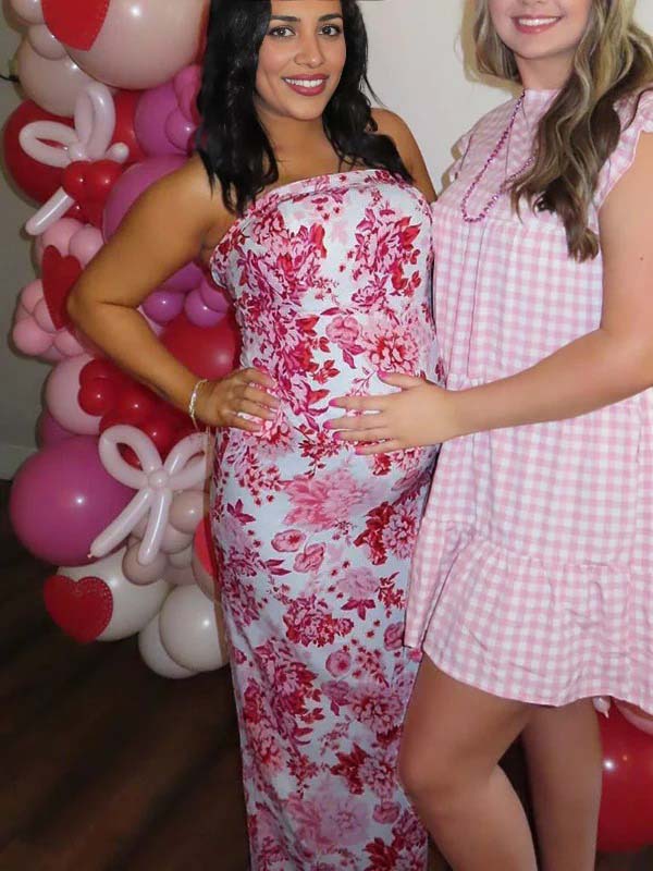 Momsmood  Red Strap Stamp Open Back Side Slit Banquet Baby Shower Maternity Photoshoot Maxi Dress