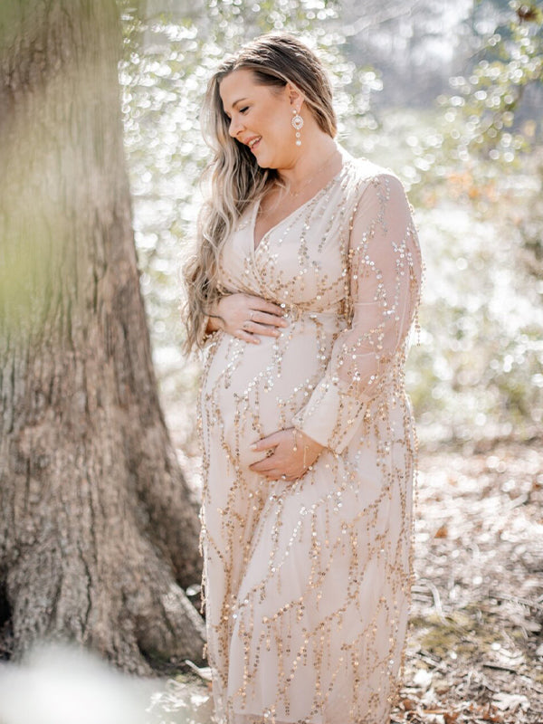 Momsmood Apricot Sequin Tassel Tulle Ruched Cross Chest Multi Way Tie Back V-neck Elegant Boho Photoshoot Maternity Maxi Dress