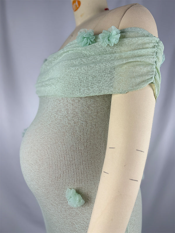 Momsmood Matcha 3D Flowers Off Shoulder Plus Size Baby Shower Maternity Maxi Dress