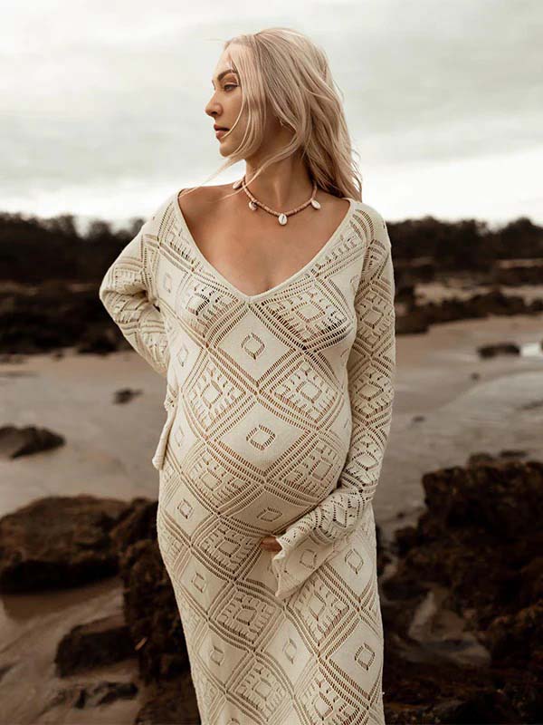 Apricot Cut Out Sheer Knit Photoshoot Maternity Maxi Dress