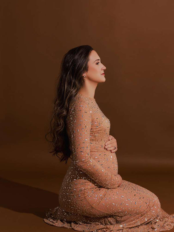 Momsmood Sparkly Diamond Rhinestone Mesh Slit Long Sleeve Mermaid Sheer Maternity Photoshoot Elegant Party Maxi Dress