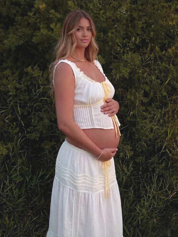 White Lace Two Piece High Waisted Maternity Maxi DressRibbon Detail
