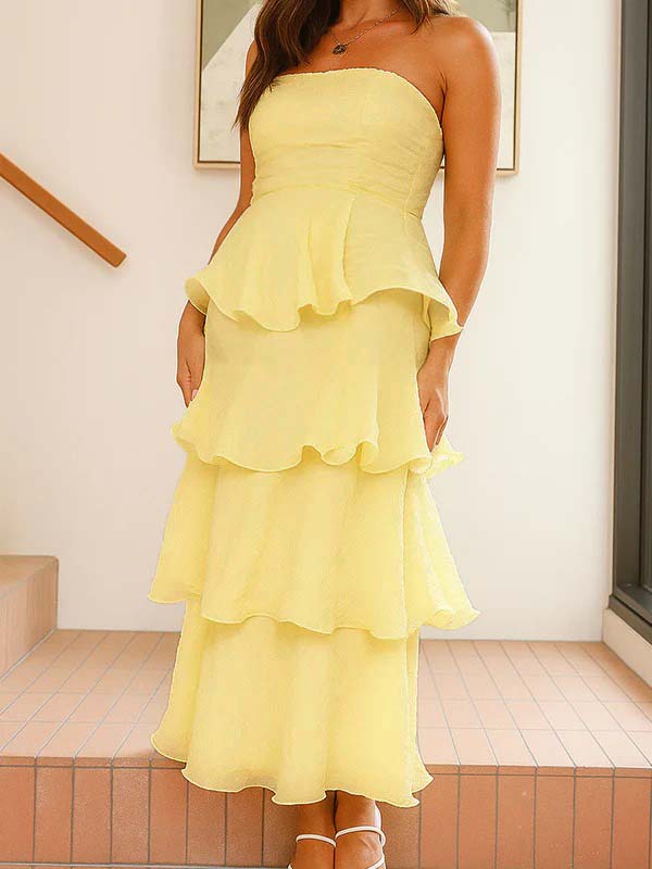 Momsmood Bandeau Ruffle Tiered A-line Sweet Maternity Baby Shower Maxi Dress