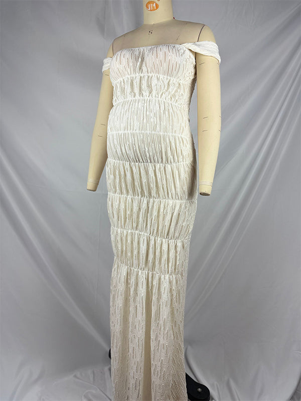 Momsmood Off Shoulder Smocked Ruched Photoshoot Maternity Maxi Dress