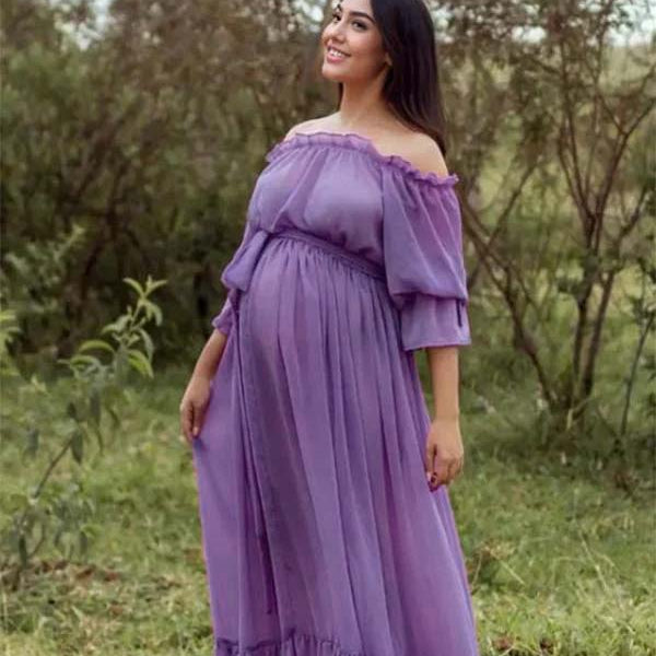 Momsmood Purple Chiffon Flowy Off Shoulder Belt Ruffle Falbala Big Swing Boho Beach Vacation Maternity Photoshoot Baby Shower Maxi Dress