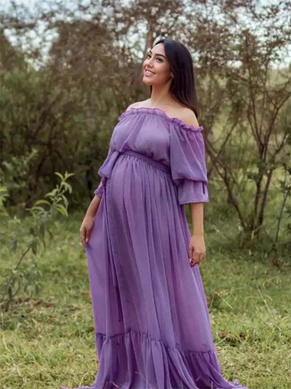 Momsmood Purple Chiffon Flowy Off Shoulder Belt Ruffle Falbala Big Swing Boho Beach Vacation Maternity Photoshoot Baby Shower Maxi Dress