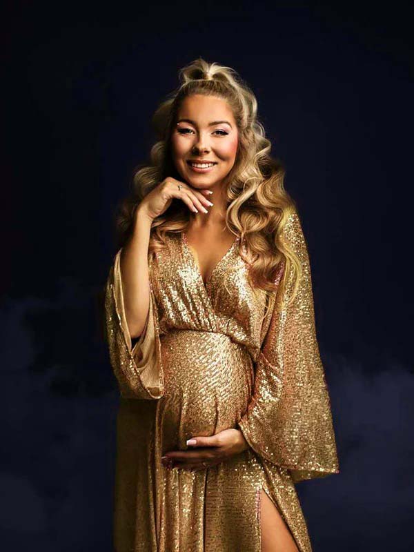 Momsmood Golden Sparkly Sequin Side Slit Flare Sleeve Elegant Evening Gown Maternity Photoshoot Party Maxi Dress