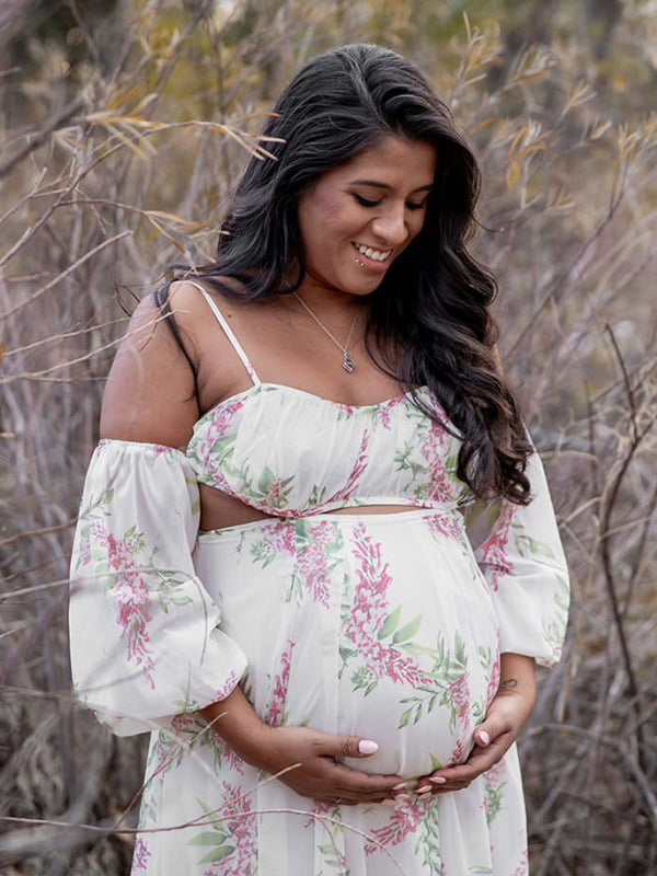 Momsmood White spaghetti strap Boho Maternity Photoshoot Dress