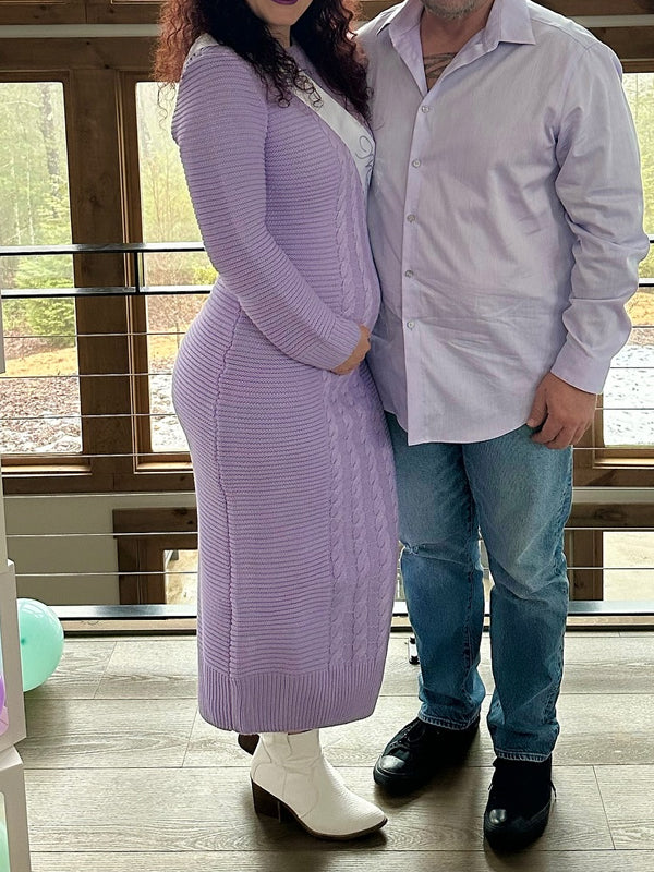 Momsmood Purple Round Neck Crochet Maternity Baby Shower Sweater Maxi Dress