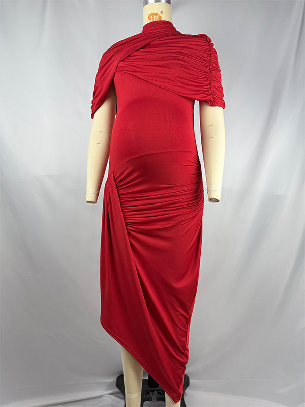 Momsmood Irregular Ruched Side Slit Cape Sleeve ELegant Maternity Maxi Dress