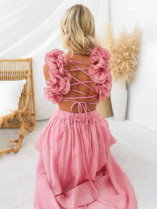 Momsmood Pink Tulle Splicing Ruffle Pleated Tie Back V-Neck High Waist Cocktail Party Gowns Cute Baby Shower Maternity Maxi Dress