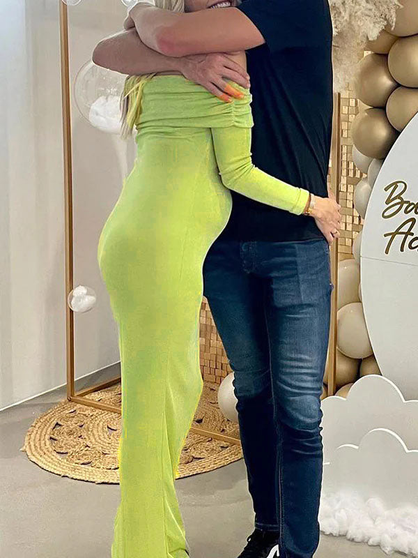 Momsmood Green Ruched Off Shoulder Bodycon Elegant Cocktail Party Gown Maternity Photoshoot Baby Shower Maxi Dress