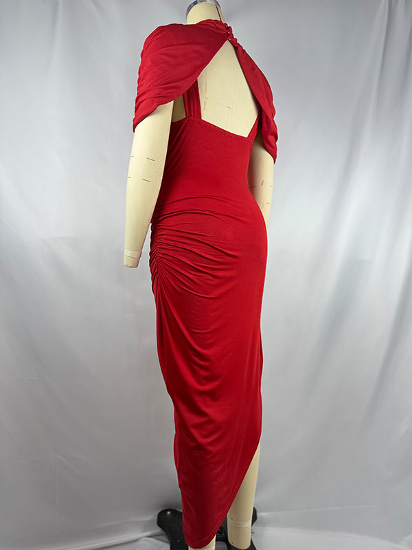 Momsmood Irregular Ruched Side Slit Cape Sleeve ELegant Maternity Maxi Dress