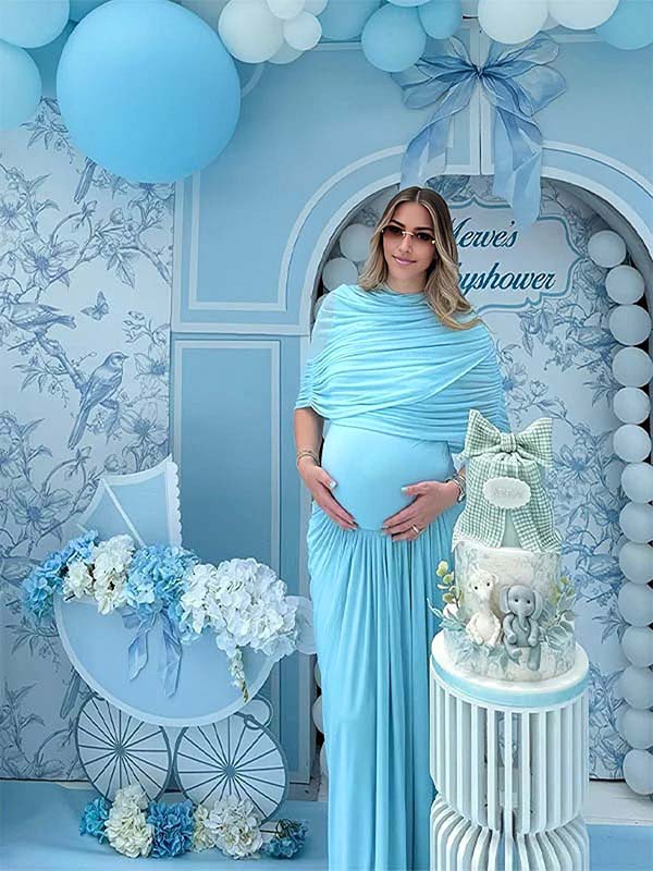 Light Blue Ruched Irregular Neck Baby Shower Maternity Maxi Dress