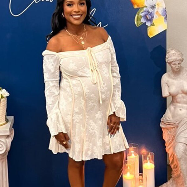 Momsmood White Lace Off Shoulder Bow Drawstring Ruffle Flare Sleeve Baby Shower Maternity Mini Dress