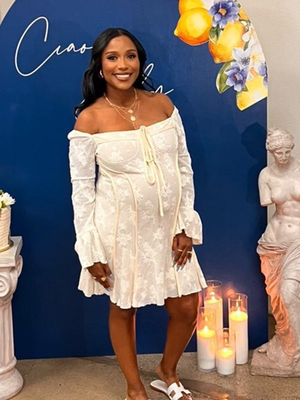 Momsmood White Lace Off Shoulder Bow Drawstring Ruffle Flare Sleeve Baby Shower Maternity Mini Dress