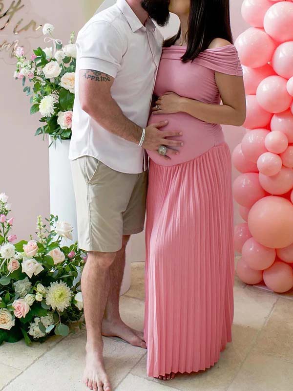 Momsmood Pink Off Shoulder Plated Ruched Big Swing Elegant Maternity Maxi Dress