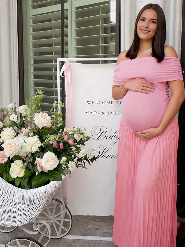 Momsmood Pink Off Shoulder Plated Ruched Big Swing Elegant Maternity Maxi Dress