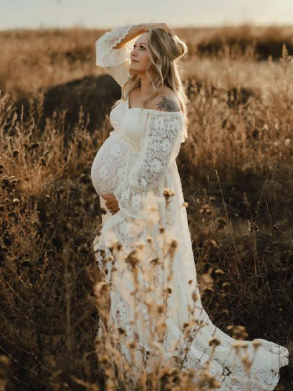 Momsmood Boho Lace Off Shoulder Lace Tassel Crop 2-in-1 Side Slit Ruffle Photoshoot Maternity Maxi Dress