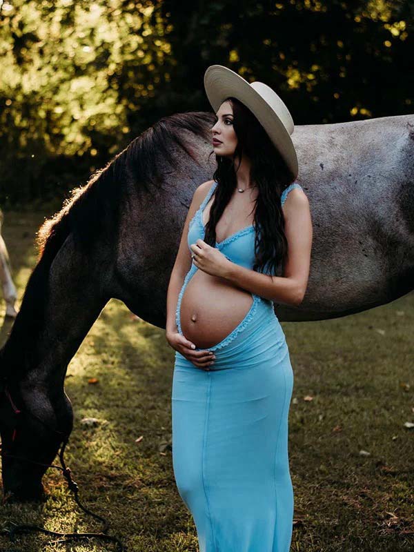 Momsmood Blue Tulle Ruffle Falbala Bow Cut Out Sleeveless Cami Bodycon Elegant Cocktail Party Gown Maternity Photoshoot Baby Shower Maxi Dress