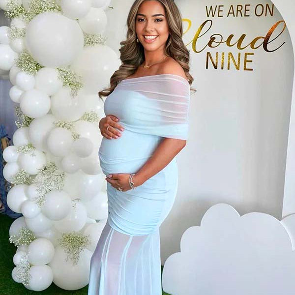 Momsmood Light Blue Mesh Off Shoulder Ruched Mermaid Elegant Maternity Baby Shower Maxi Dress