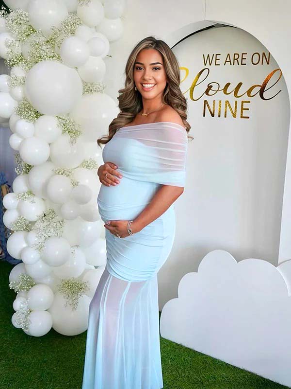 Momsmood Light Blue Mesh Off Shoulder Ruched Mermaid Elegant Maternity Baby Shower Maxi Dress