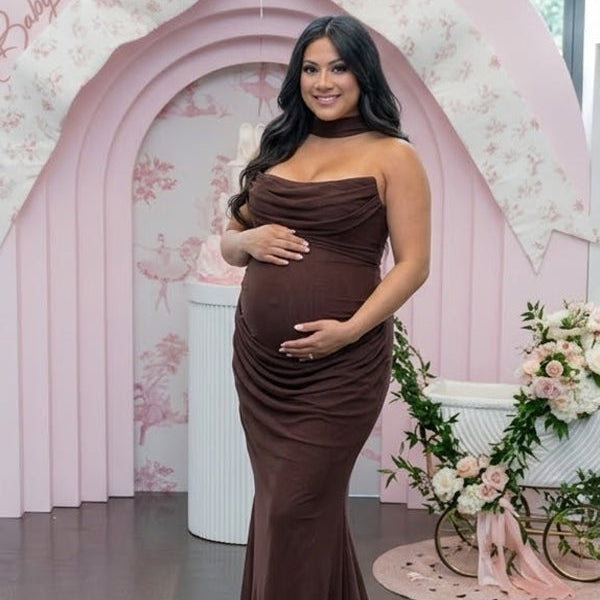 Brown Mesh Ruched Strapless Bodycon Maternity Maxi Dress