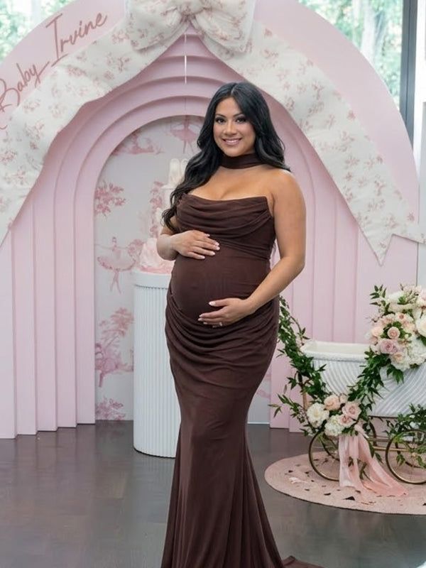 Brown Mesh Ruched Strapless Bodycon Maternity Maxi Dress